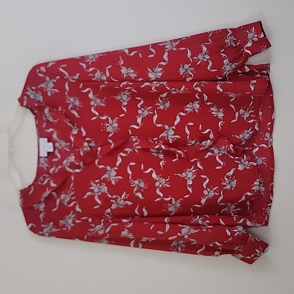 Liz Claiborne Red & White Floral Long Sleeve Blouse Petite PS